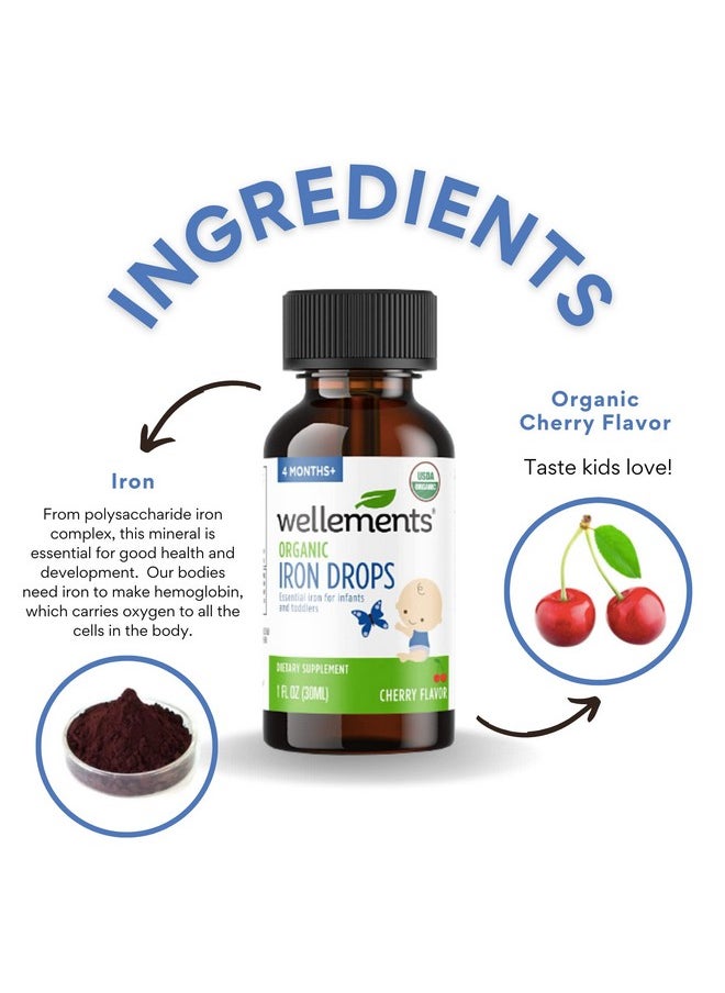 Wellements - Organic Iron Drops 1 Fl Oz Essential Liquid Iron Vitamin Supplement For Infants And Toddlers 4 Months + Organic Cherry Flavor Free From Dyes Parabens Preservatives - Image 1