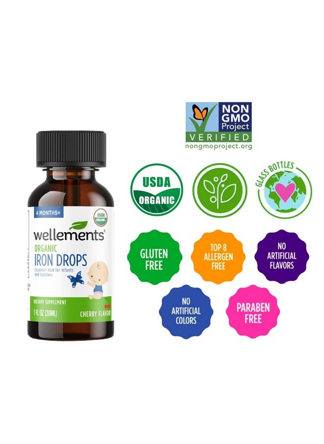 Wellements - Organic Iron Drops 1 Fl Oz Essential Liquid Iron Vitamin Supplement For Infants And Toddlers 4 Months + Organic Cherry Flavor Free From Dyes Parabens Preservatives - Image 1
