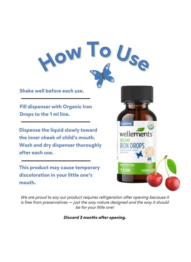 Wellements - Organic Iron Drops 1 Fl Oz Essential Liquid Iron Vitamin Supplement For Infants And Toddlers 4 Months + Organic Cherry Flavor Free From Dyes Parabens Preservatives - Image 1