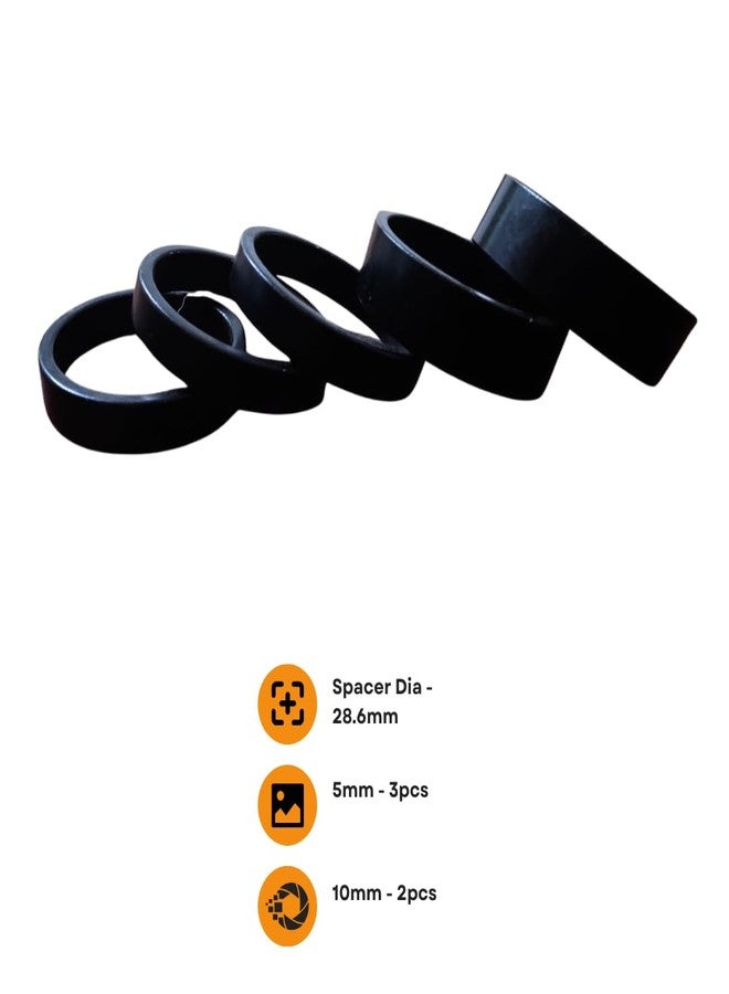 Vedroci Bicycle Headset Spacers Set, Black Aluminum, 28.6mm Diameter, 5mm and 10mm Thickness, 5 Pieces - Image 5