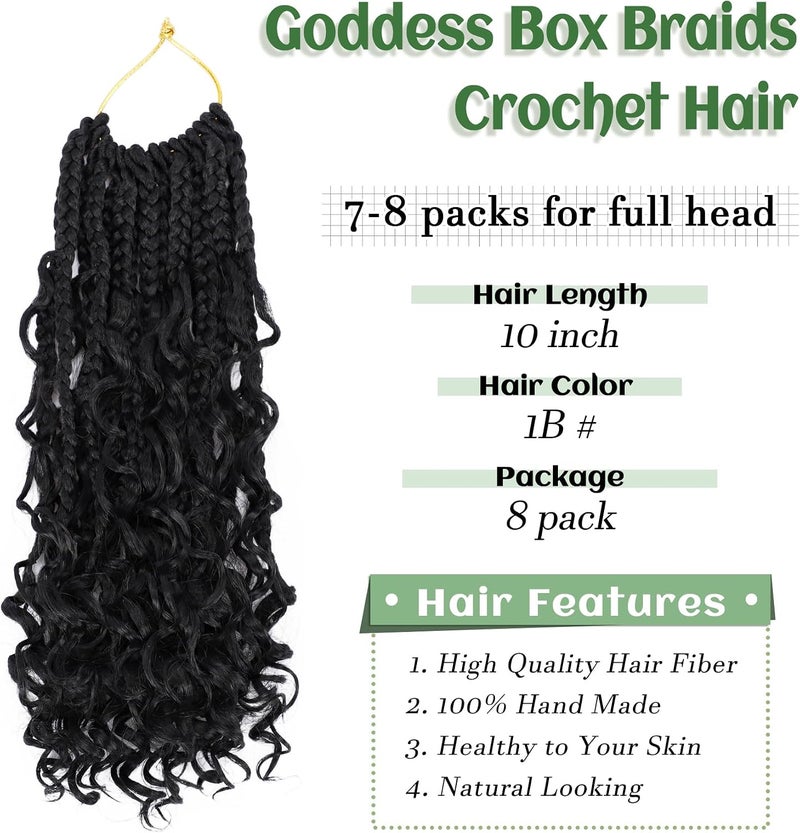 Eerya 8 Packs Goddess Box Braids 10 Inch Pre-looped Bohemian Crochet Boho Box Braids With Curly Ends 3X Crochet Braids Hair for Women Synthetic Braiding Hair 16 Strands (#1B) - Image 3