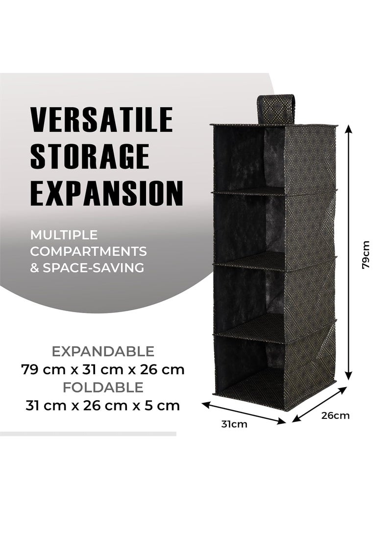 Kuber Industries Kuber Industries 4 Shelf Foldable Storage Rack | Clothes Hanging Organizer | Shoe Storage Organizer | Closet Organizer with Velcro | Shoe Rack with Golden-Dot | Pack of 3 | Black  - Image 2