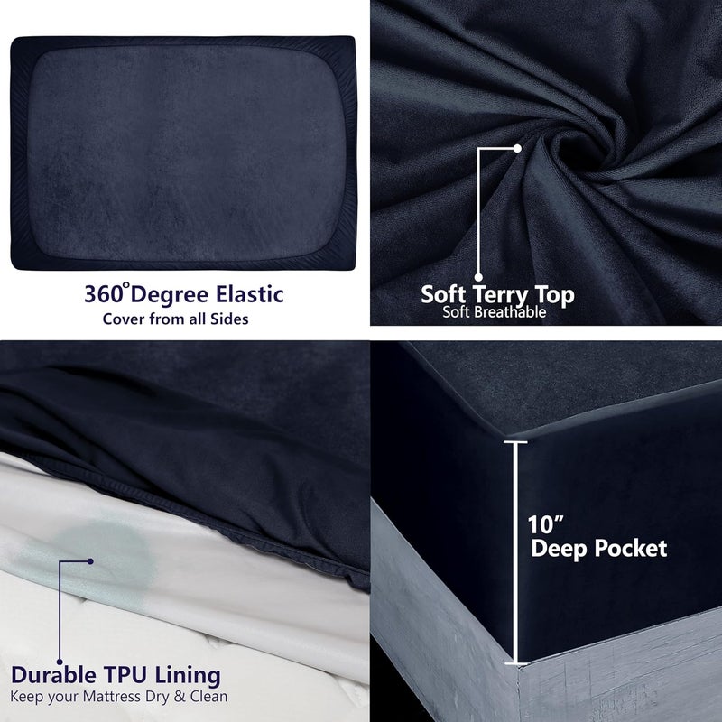 AVI Terry Cotton Ultra Soft Waterproof Bed Mattress Protector King Size 78x72 inch Breathable Washable Elastic Fitted Mattresses Cover for King Size Bed 65x6 feet Navy Blue Fit On 210 Inch - Image 3