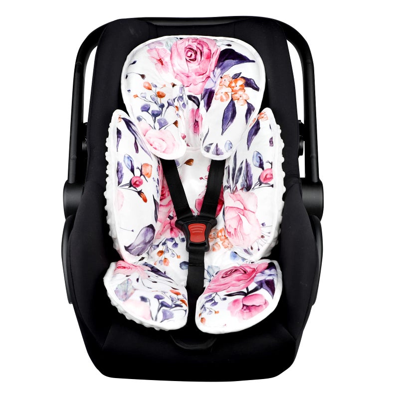 Pea Pod Baby Car Seat Head Support for Newborn, 2 in 1 Infant Car Seat Head Body Support for Girls Extra Soft Breathable Baby Car Seat Cushion Insert for Strollers, Swings, and Bouncers, Pink Floral - Image 1