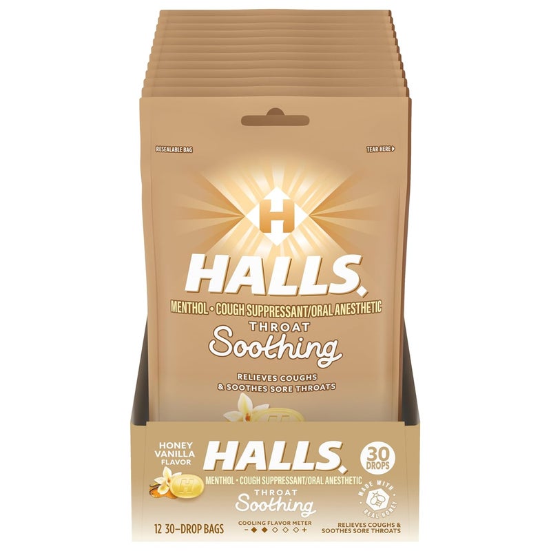 Halls HALLS Throat Soothing Honey Vanilla Cough Drops, 12 Bags of 30 Drops (360 Total Drops)