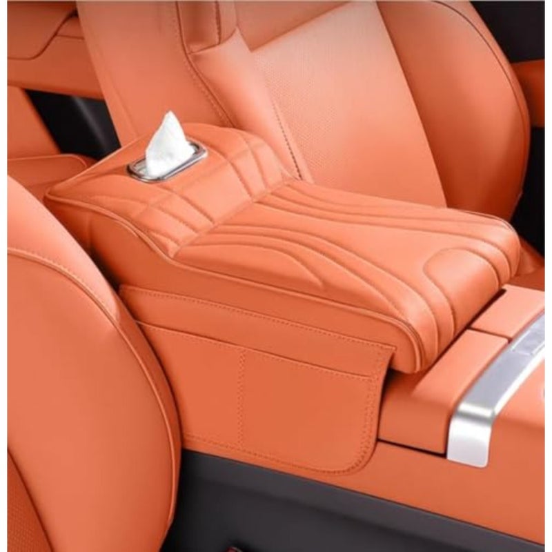 for Rox 01 2023-2025 Multifunctional Car Armrest Box Pad with Built-in Tissue Holder, Orange PU Leather Center Console Cover Cushion, 35×23.5×21cm Universal Car Interior Arm Rest Protector - Image 1