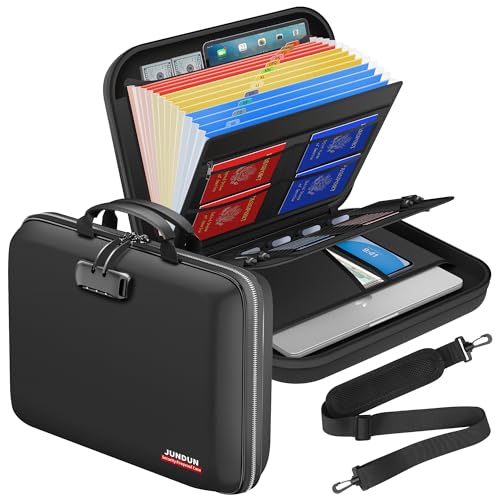 JUNDUN Fireproof Document Box with Lock & Shoulder Strap,Hard Shell Case Document Organizer with 13 Pockets Accordion File Organizer,Portable Home Office Travel Safe Storage for Files Laptop and More - Image 1