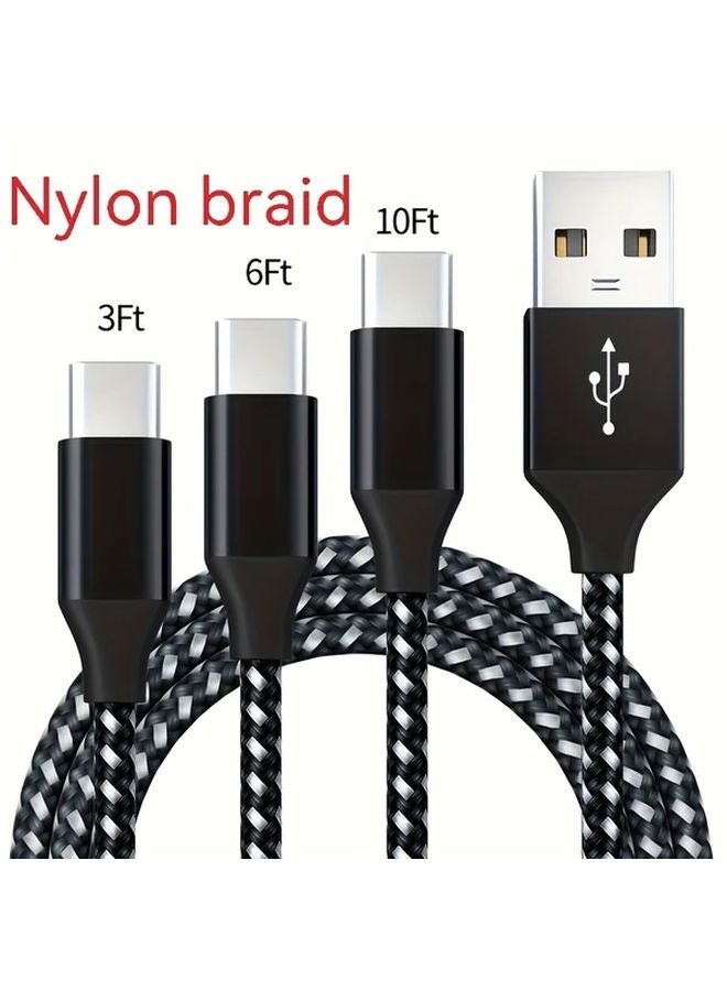 أسود رمادي 3 قطع 10 قدم كابل شاحن سريع من USB Type C إلى A 3 أمبير مضفر من النايلون لسامسونج جالاكسي نوت - Image 2