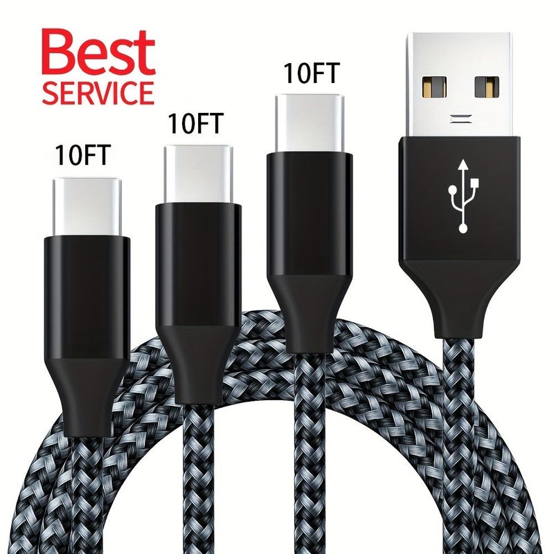 أسود رمادي 3 قطع 10 قدم كابل شاحن سريع من USB Type C إلى A 3 أمبير مضفر من النايلون لسامسونج جالاكسي نوت - Image 1