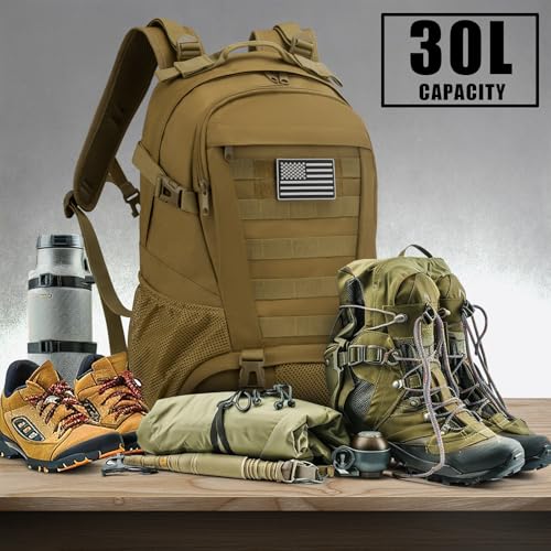 Jueachy Tactical Backpack for Men Hiking Day Pack Molle Military Rucksack Waterproof 30L EDC Bag with USA Flag Patch TAN Style - Image 2