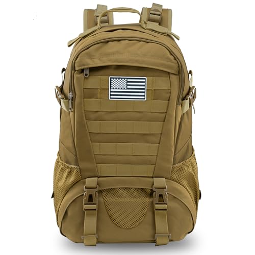 Jueachy Tactical Backpack for Men Hiking Day Pack Molle Military Rucksack Waterproof 30L EDC Bag with USA Flag Patch TAN Style - Image 1