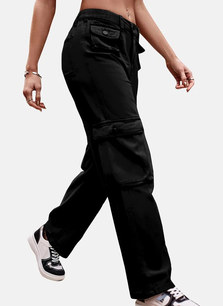 YUNIQEE Black Regular Fit Mid Rise Plain Cargo Pant