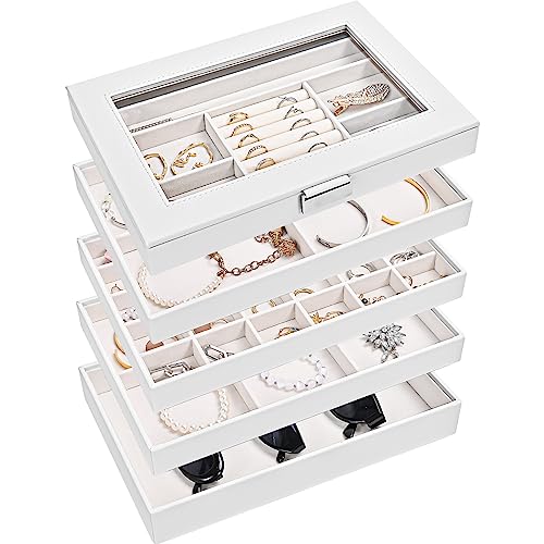 ProCase 5 Layers Stackable Jewelry Tray Box, Stackers Jewelry Trays for Dresser Drawer Storage, Jewelry Organizer Case with Lid -White - Image 1