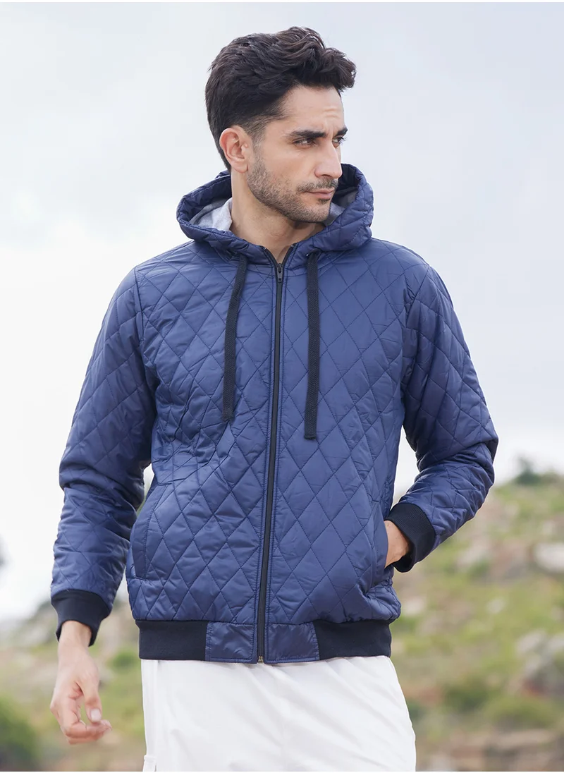 Campus Sutra Men's Blue Quilted Puffer Jacket With Zip-Closure