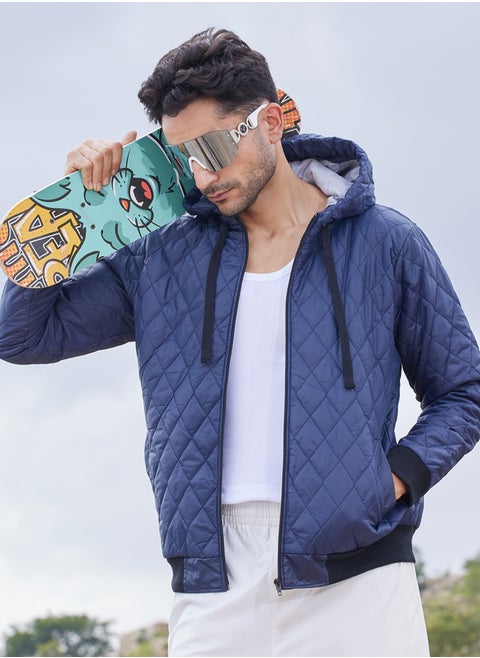 Men's Blue Quilted Puffer Jacket With Zip-Closure