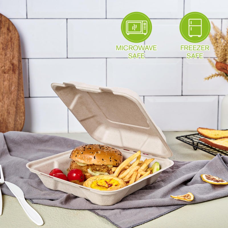 ECOLipak 50 Pack Clamshell To Go Containers, 100% Compostable Disposable Take Out Food Containers, 8X8 inch Heavy-Duty To Go Boxes, Eco-Friendly Biodegradable Take Out Containers For Food - Image 3