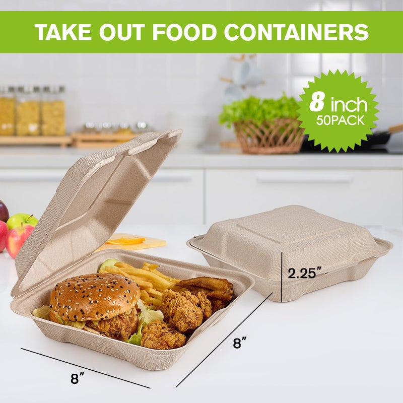 ECOLipak 50 Pack Clamshell To Go Containers, 100% Compostable Disposable Take Out Food Containers, 8X8 inch Heavy-Duty To Go Boxes, Eco-Friendly Biodegradable Take Out Containers For Food - Image 2