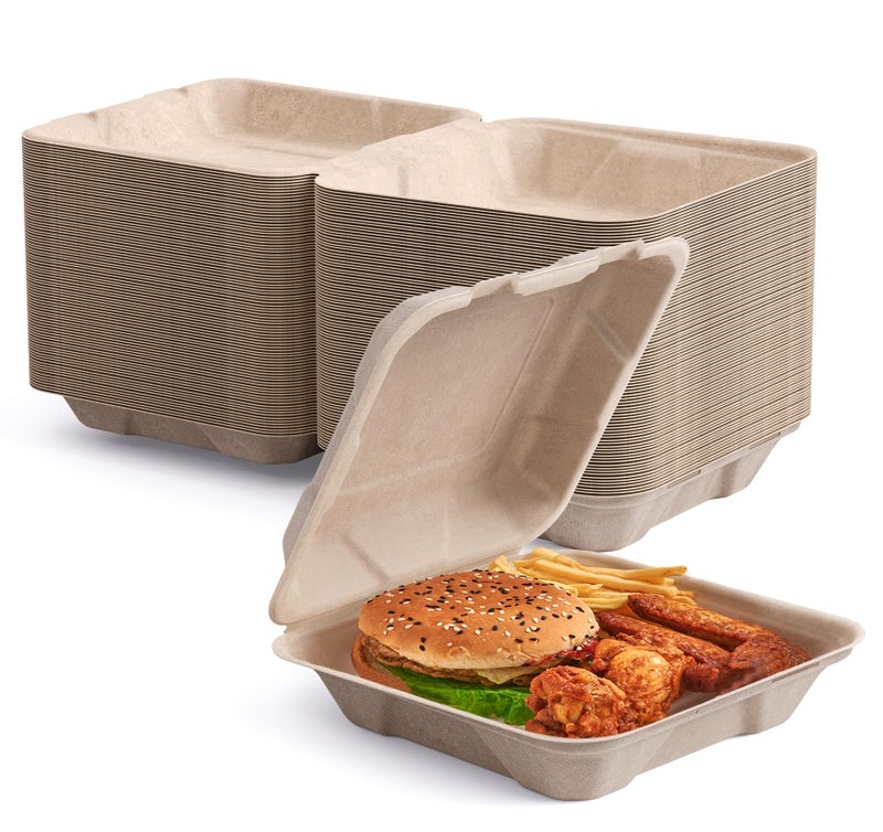 ECOLipak 50 Pack Clamshell To Go Containers, 100% Compostable Disposable Take Out Food Containers, 8X8 inch Heavy-Duty To Go Boxes, Eco-Friendly Biodegradable Take Out Containers For Food - Image 1