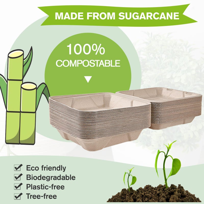 ECOLipak 50 Pack Clamshell To Go Containers, 100% Compostable Disposable Take Out Food Containers, 8X8 inch Heavy-Duty To Go Boxes, Eco-Friendly Biodegradable Take Out Containers For Food - Image 4