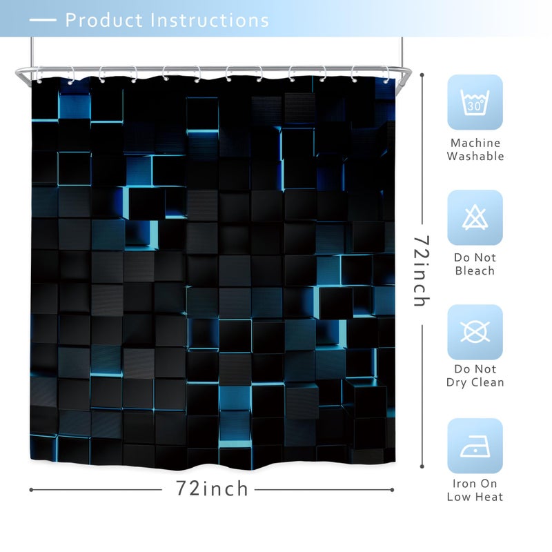 Riyidecor Black Navy Blue Wall Shower Curtain 72Wx72H Inch Abstract Brick Modern 3D Gradient Design Futuristic Cubes Geometric Plaid Man Cool Bathroom Decor Fabric Polyester Waterproof 12 Pack Hooks - Image 4