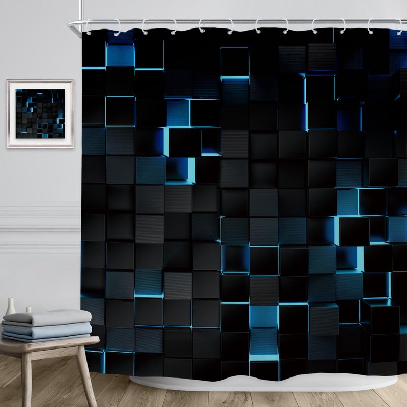 Riyidecor Black Navy Blue Wall Shower Curtain 72Wx72H Inch Abstract Brick Modern 3D Gradient Design Futuristic Cubes Geometric Plaid Man Cool Bathroom Decor Fabric Polyester Waterproof 12 Pack Hooks - Image 2