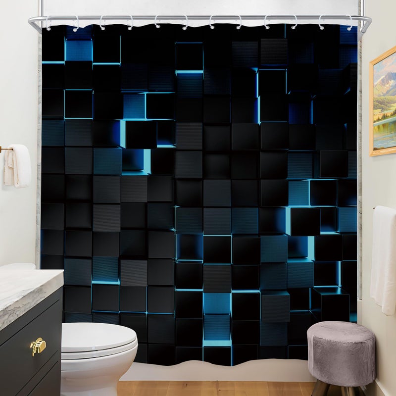 Riyidecor Black Navy Blue Wall Shower Curtain 72Wx72H Inch Abstract Brick Modern 3D Gradient Design Futuristic Cubes Geometric Plaid Man Cool Bathroom Decor Fabric Polyester Waterproof 12 Pack Hooks - Image 3