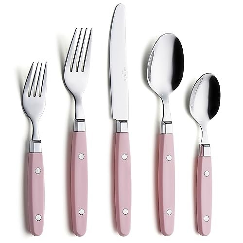 Annova ANNOVA Silverware Set Stainless Steel Cutlery Color Handle With RivetRetro Flatware Light Pink 20 Pieces