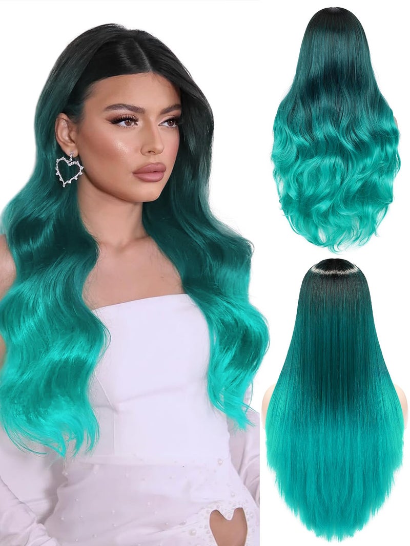 HANNE Ombre Bluish Green Wig Long Wavy Synthetic Wigs For Women Heat Resistant Glueless Synthetic Hair High Density Body Wave Aqua Teal Wigs Ombre Green