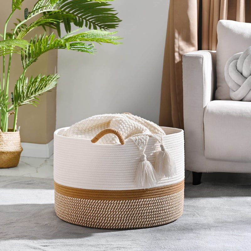 KAKAMAY Large Blanket Basket (20"x13"),Woven Baskets for storage Baby Laundry Hamper, Cotton Rope Blanket Basket for Living Room, Laundry, Nursery, Pillows, Baby Toy chest (White/Brown) - Image 3