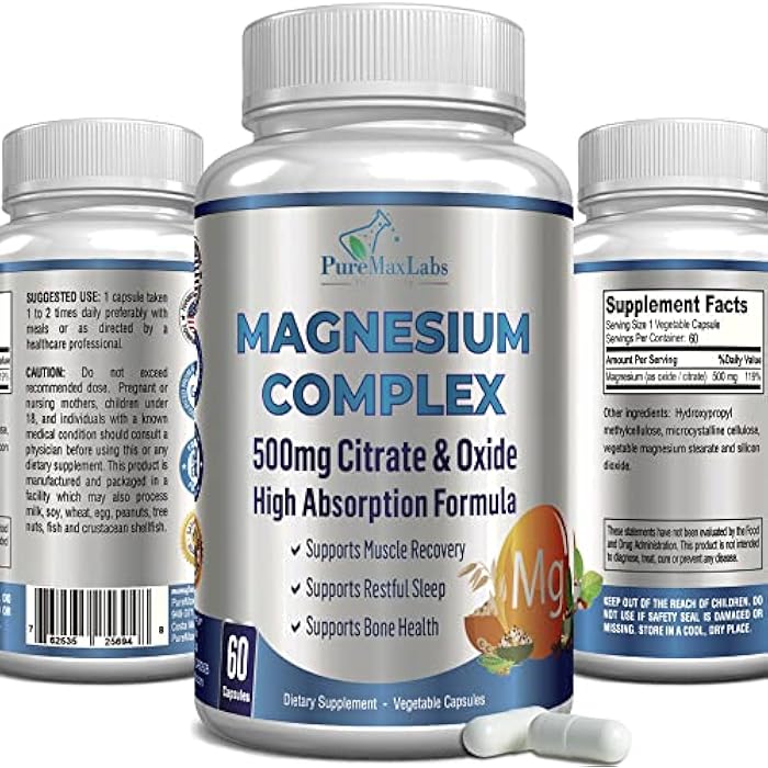 YUMMYVITE High Absorption Magnesium Citrate Complex 500mg Magnesium Citrate & Oxide – Supports Calm Sleep, Muscle Cramp Relief, Muscle Recovery, Healthy Teeth & Bones, Non-GMO – 60 Vegetable Capsules - Image 1