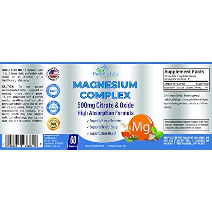 YUMMYVITE High Absorption Magnesium Citrate Complex 500mg Magnesium Citrate & Oxide – Supports Calm Sleep, Muscle Cramp Relief, Muscle Recovery, Healthy Teeth & Bones, Non-GMO – 60 Vegetable Capsules - Image 5
