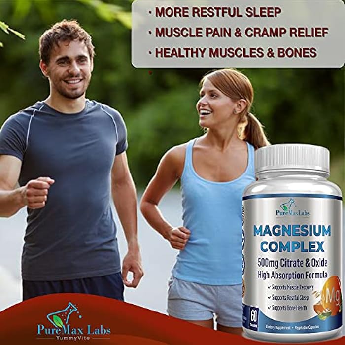 YUMMYVITE High Absorption Magnesium Citrate Complex 500mg Magnesium Citrate & Oxide – Supports Calm Sleep, Muscle Cramp Relief, Muscle Recovery, Healthy Teeth & Bones, Non-GMO – 60 Vegetable Capsules - Image 3