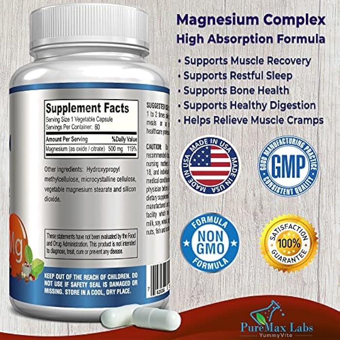 YUMMYVITE High Absorption Magnesium Citrate Complex 500mg Magnesium Citrate & Oxide – Supports Calm Sleep, Muscle Cramp Relief, Muscle Recovery, Healthy Teeth & Bones, Non-GMO – 60 Vegetable Capsules - Image 2