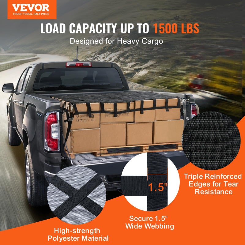 VEVOR Cargo Net for Pickup Truck Bed, 6' x 4.75' Heavy Duty Truck Cargo Net Safety Mesh Net with 4 S-Hook Straps with Carabiners & S-Hooks for Trailer, Pickup, Boat, Jeep, SUV - Image 2