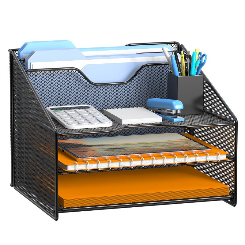 Samstar Desk File Organizer Mesh Letter File Folder Holder with 3 Paper Trays and 2 Vertical Upright Section for Office SuppliesDesk Accessories  WorkspaceBlack