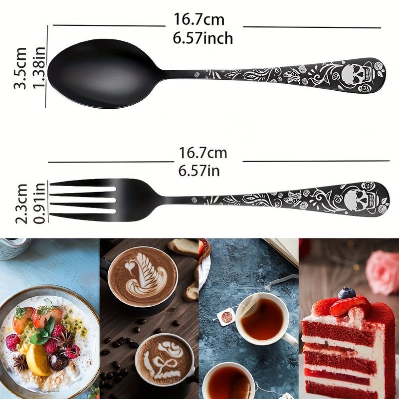 12 Piece Gothic Black Stainless Steel Dinner Set Spoons Forks Skull Rose Design - Image 3