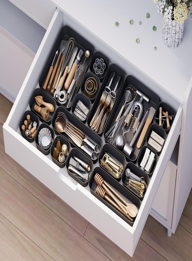 AMAZOPY 16 PCS Interlocking Drawer Organizer Tray Set, Multipurpose Plastic Storage Boxes for Kitchen, Makeup, Jewelry & Office Drawer Divider (Black) - Image 2