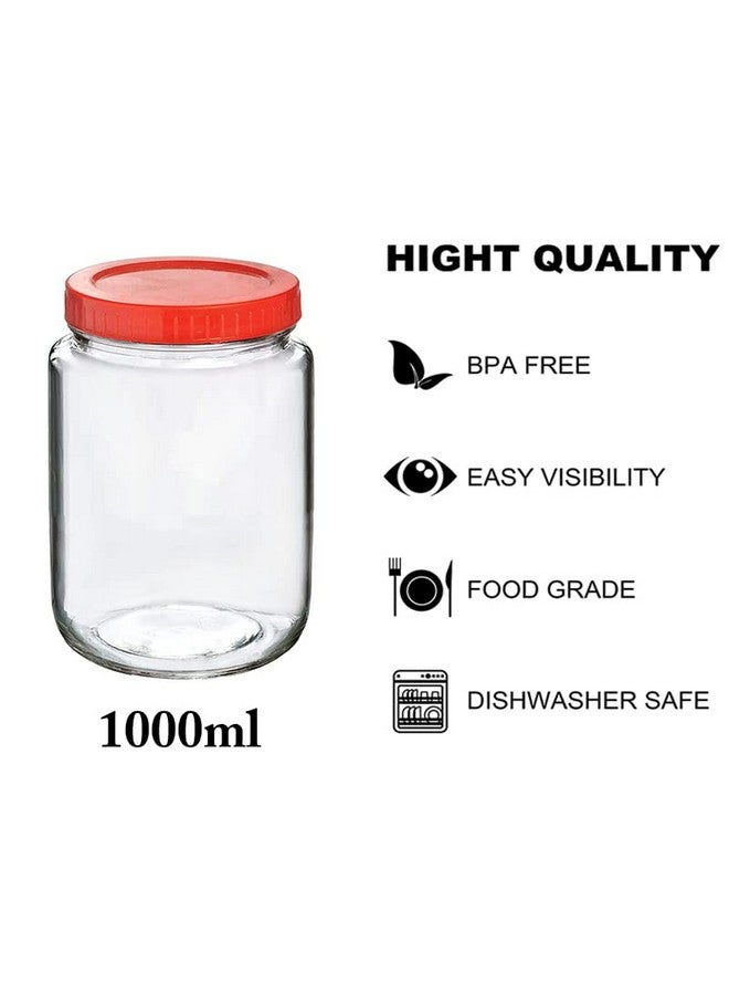 BrezzyCloud Brezzycloud Piraml Glass Round Shape Transparent Glass Jars & Containers For Pickles, Dry Fruits, Coffee Beans Storage 1Kg Glass Jar With Red Color Plastic Lid (Set Of 2, 1000Ml Round Red Cap) - Image 2