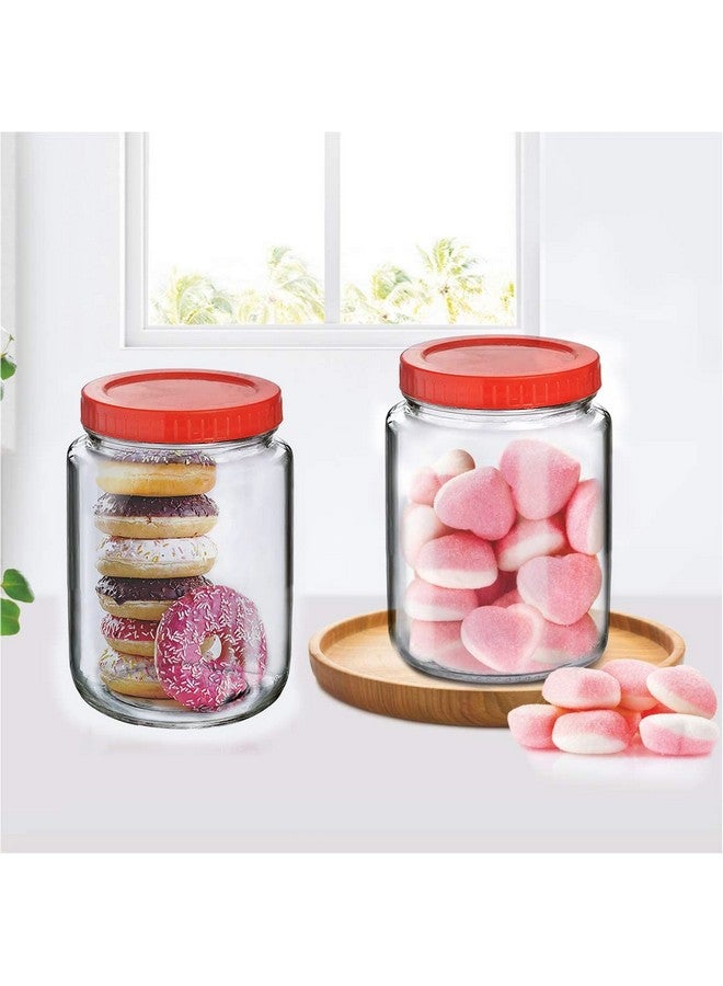 BrezzyCloud Brezzycloud Piraml Glass Round Shape Transparent Glass Jars & Containers For Pickles, Dry Fruits, Coffee Beans Storage 1Kg Glass Jar With Red Color Plastic Lid (Set Of 2, 1000Ml Round Red Cap) - Image 1