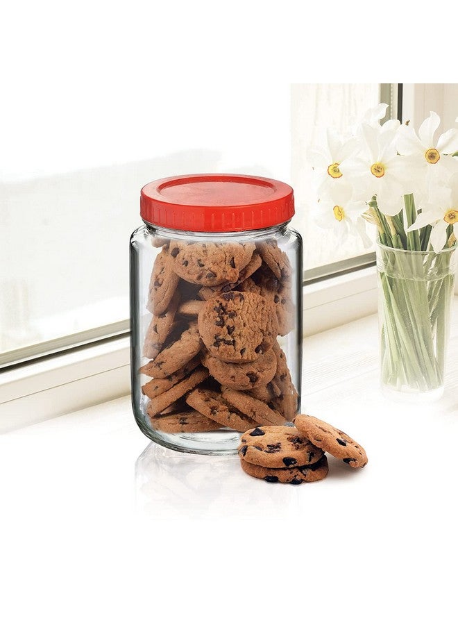 BrezzyCloud Brezzycloud Piraml Glass Round Shape Transparent Glass Jars & Containers For Pickles, Dry Fruits, Coffee Beans Storage 1Kg Glass Jar With Red Color Plastic Lid (Set Of 2, 1000Ml Round Red Cap) - Image 3