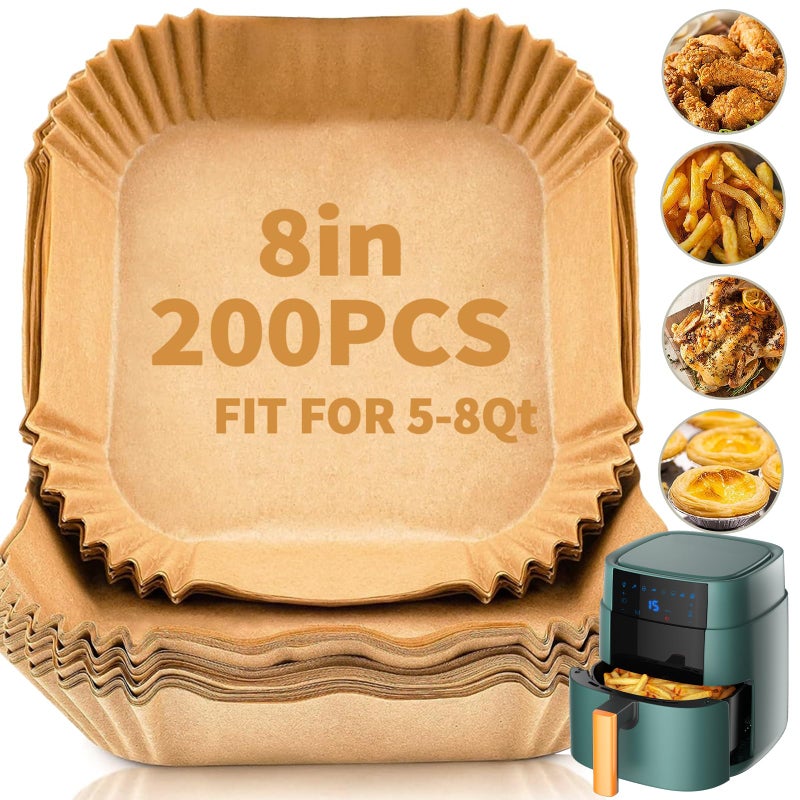 DSMY Air Fryer Liners Disposable 200 PCS, 8 Inch Air Fryer Parchment Paper Liners for 5-8QT Non-Stick Oil-proof for Frying, Baking, Roasting Microwave (Square) - Image 1