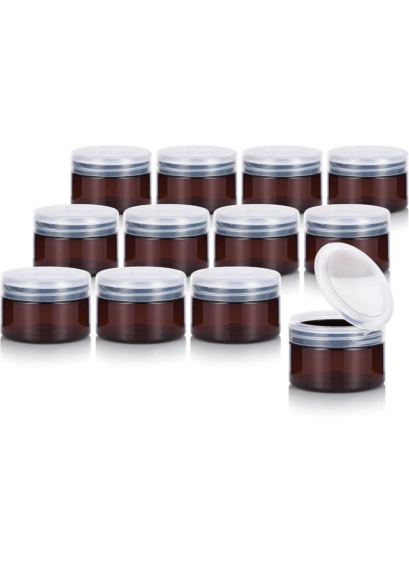 JUVITUS (12 pack) 4 oz Amber PET Plastic Low Profile Jar with Clear Natural Flip Top 