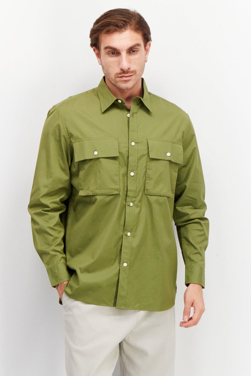 Aigle Men Regular Fit Long Sleeve Plain Casual Shirt, Green - Image 1