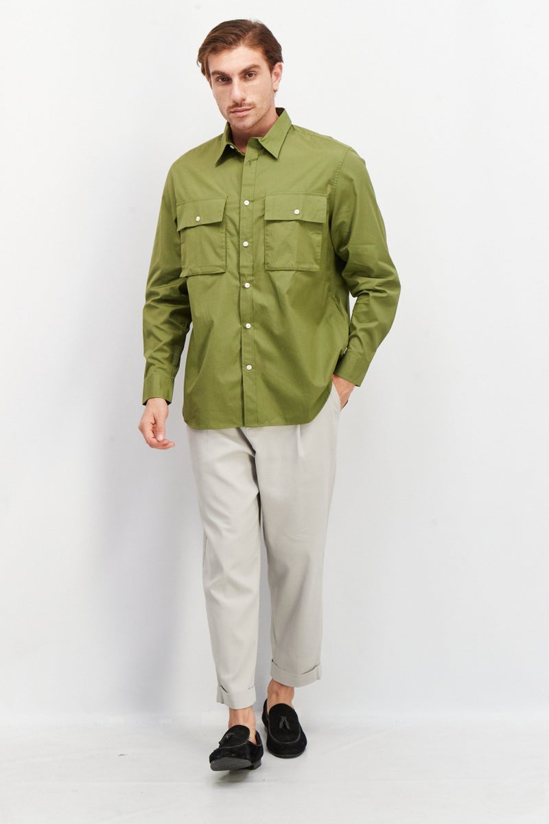 Aigle Men Regular Fit Long Sleeve Plain Casual Shirt, Green - Image 3
