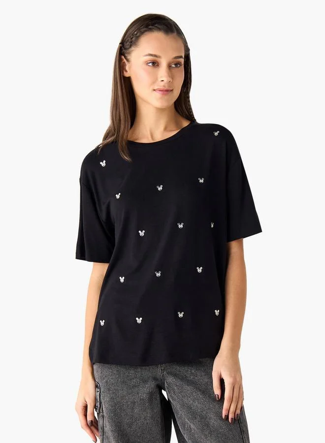 Mickey Mouse Embellished T-shirt with Round Neck and Short Sleeves