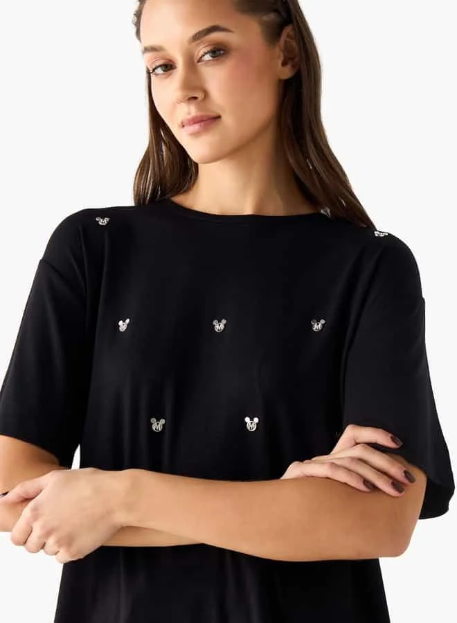 SP Characters Mickey Mouse Embellished T-shirt with Round Neck and Short Sleeves