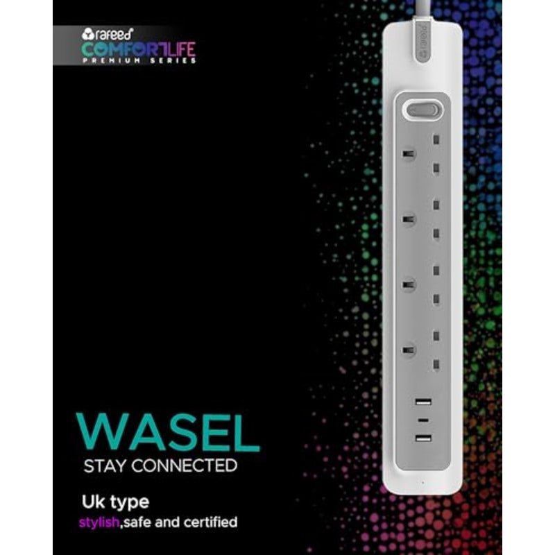 Power Extension 13A from - 4 Gang, Extension Cord Cable with 3 USB Ports 2 USB-A + 1 USB-C and Master Switch, Surge Protected (5, Meters) - Image 3