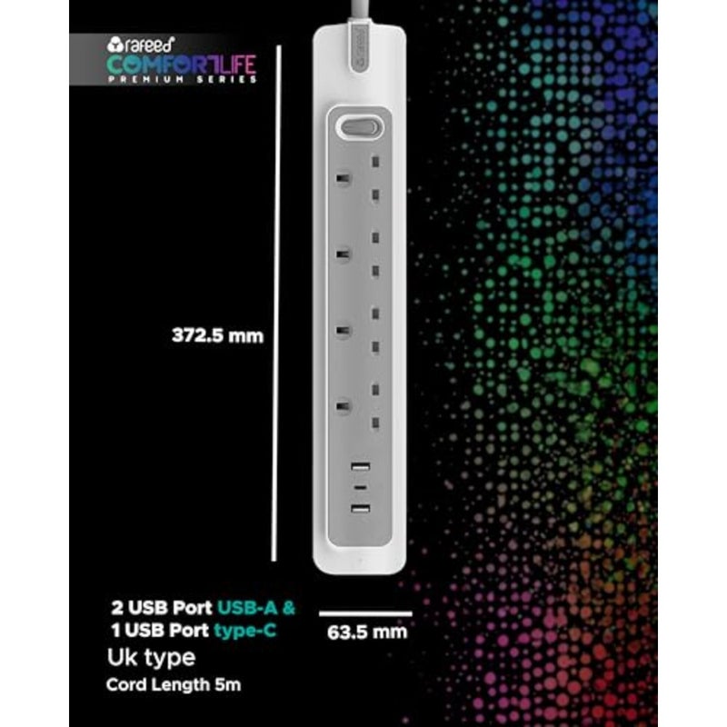 Power Extension 13A from - 4 Gang, Extension Cord Cable with 3 USB Ports 2 USB-A + 1 USB-C and Master Switch, Surge Protected (5, Meters) - Image 2