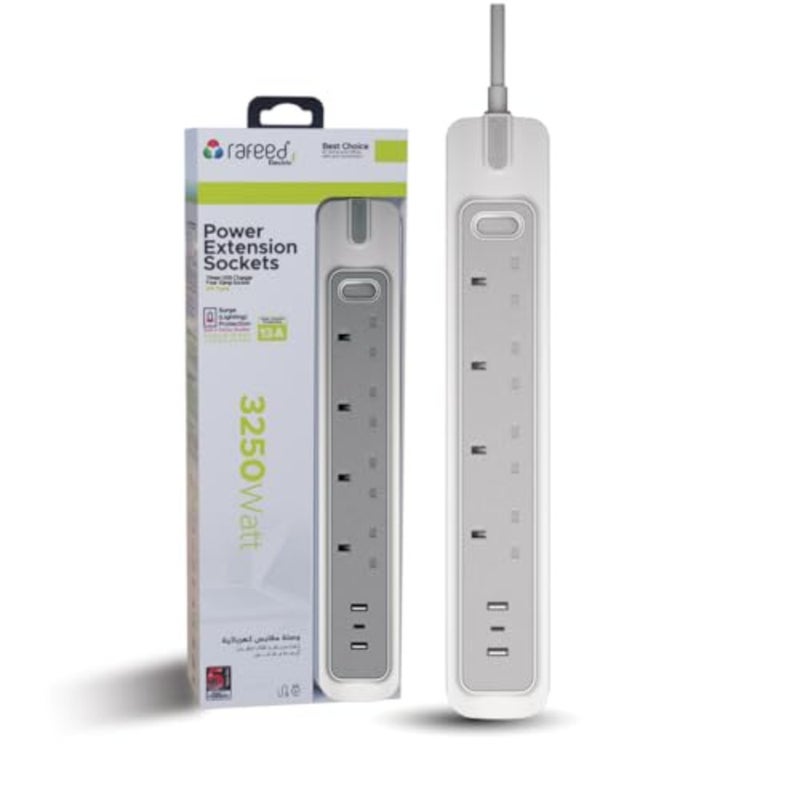 Power Extension 13A from - 4 Gang, Extension Cord Cable with 3 USB Ports 2 USB-A + 1 USB-C and Master Switch, Surge Protected (5, Meters) - Image 1