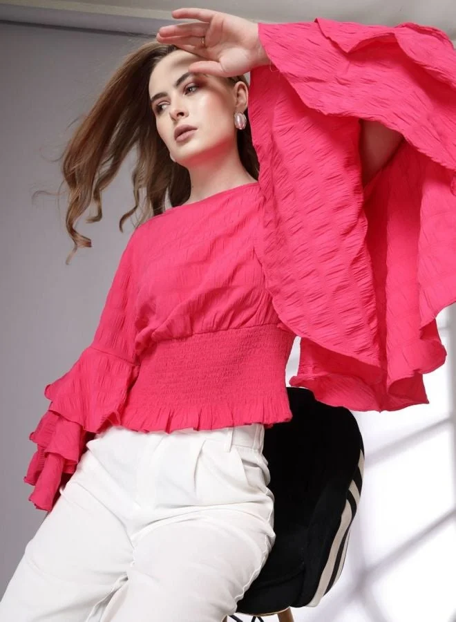 Freehand  Women Regular Fit Solid Round Neck Long Sleeve Ruffled Top  | Best Price UAE